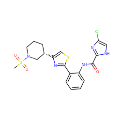 CS(=O)(=O)N1CCC[C@H](c2csc(-c3ccccc3NC(=O)c3nc(Cl)c[nH]3)n2)C1 ZINC001772598937