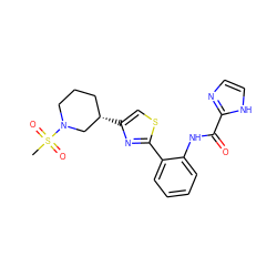 CS(=O)(=O)N1CCC[C@H](c2csc(-c3ccccc3NC(=O)c3ncc[nH]3)n2)C1 ZINC001772572380