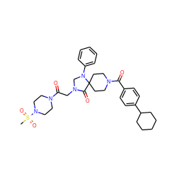 CS(=O)(=O)N1CCN(C(=O)CN2CN(c3ccccc3)C3(CCN(C(=O)c4ccc(C5CCCCC5)cc4)CC3)C2=O)CC1 ZINC000066260023