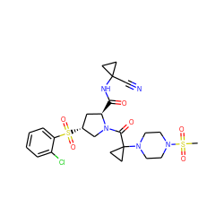 CS(=O)(=O)N1CCN(C2(C(=O)N3C[C@H](S(=O)(=O)c4ccccc4Cl)C[C@H]3C(=O)NC3(C#N)CC3)CC2)CC1 ZINC000169705341