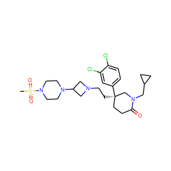 CS(=O)(=O)N1CCN(C2CN(CC[C@@]3(c4ccc(Cl)c(Cl)c4)CCC(=O)N(CC4CC4)C3)C2)CC1 ZINC000027617763