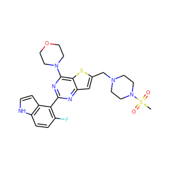 CS(=O)(=O)N1CCN(Cc2cc3nc(-c4c(F)ccc5[nH]ccc45)nc(N4CCOCC4)c3s2)CC1 ZINC000095564549