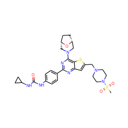 CS(=O)(=O)N1CCN(Cc2cc3nc(-c4ccc(NC(=O)NC5CC5)cc4)nc(N4C[C@@H]5CC[C@H](C4)O5)c3s2)CC1 ZINC000049757270