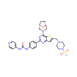 CS(=O)(=O)N1CCN(Cc2cc3nc(-c4ccc(NC(=O)Nc5ccncc5)cc4)nc(N4C[C@@H]5CC[C@H](C4)O5)c3s2)CC1 ZINC000049757225