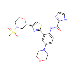 CS(=O)(=O)N1CCO[C@H](c2csc(-c3cc(N4CCOCC4)ccc3NC(=O)c3ncc[nH]3)n2)C1 ZINC000584905233