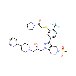 CS(=O)(=O)N1CCc2c(c(-c3ccc(C(F)(F)F)c(SCC(=O)N4CCCC4)c3)nn2C[C@H](O)CN2CCC(c3ccccn3)CC2)C1 ZINC000049793433