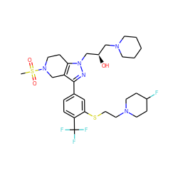 CS(=O)(=O)N1CCc2c(c(-c3ccc(C(F)(F)F)c(SCCN4CCC(F)CC4)c3)nn2C[C@H](O)CN2CCCCC2)C1 ZINC000049793305