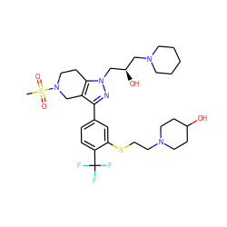 CS(=O)(=O)N1CCc2c(c(-c3ccc(C(F)(F)F)c(SCCN4CCC(O)CC4)c3)nn2C[C@H](O)CN2CCCCC2)C1 ZINC000049780784