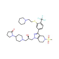 CS(=O)(=O)N1CCc2c(c(-c3ccc(C(F)(F)F)c(SCCN4CCCCC4)c3)nn2C[C@H](O)CN2CCC(N3CCCC3=O)CC2)C1 ZINC000049802170