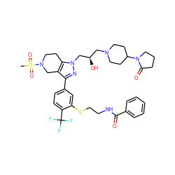 CS(=O)(=O)N1CCc2c(c(-c3ccc(C(F)(F)F)c(SCCNC(=O)c4ccccc4)c3)nn2C[C@H](O)CN2CCC(N3CCCC3=O)CC2)C1 ZINC000095539323