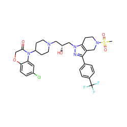 CS(=O)(=O)N1CCc2c(c(-c3ccc(C(F)(F)F)cc3)nn2C[C@H](O)CN2CCC(N3C(=O)COc4ccc(Cl)cc43)CC2)C1 ZINC000034804889