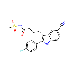 CS(=O)(=O)NC(=O)CCCc1c(-c2ccc(F)cc2)[nH]c2ccc(C#N)cc12 ZINC000029041400