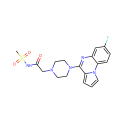 CS(=O)(=O)NC(=O)CN1CCN(c2nc3cc(F)ccc3n3cccc23)CC1 ZINC000040878608