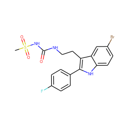 CS(=O)(=O)NC(=O)NCCc1c(-c2ccc(F)cc2)[nH]c2ccc(Br)cc12 ZINC000029041486