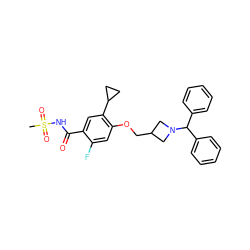 CS(=O)(=O)NC(=O)c1cc(C2CC2)c(OCC2CN(C(c3ccccc3)c3ccccc3)C2)cc1F ZINC000216268883