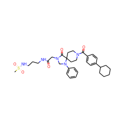 CS(=O)(=O)NCCCNC(=O)CN1CN(c2ccccc2)C2(CCN(C(=O)c3ccc(C4CCCCC4)cc3)CC2)C1=O ZINC000066259862