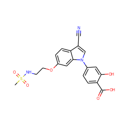 CS(=O)(=O)NCCOc1ccc2c(C#N)cn(-c3ccc(C(=O)O)c(O)c3)c2c1 ZINC000202403553