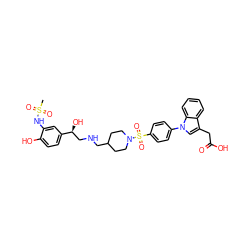 CS(=O)(=O)Nc1cc([C@@H](O)CNCC2CCN(S(=O)(=O)c3ccc(-n4cc(CC(=O)O)c5ccccc54)cc3)CC2)ccc1O ZINC000026744186