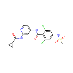 CS(=O)(=O)Nc1cc(Cl)c(C(=O)Nc2ccnc(NC(=O)C3CC3)c2)c(Cl)c1 ZINC000096928681