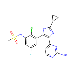 CS(=O)(=O)Nc1cc(F)cc(-c2[nH]c(C3CC3)nc2-c2ccnc(N)n2)c1Cl ZINC000096174581