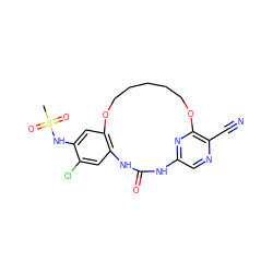 CS(=O)(=O)Nc1cc2c(cc1Cl)NC(=O)Nc1cnc(C#N)c(n1)OCCCCCO2 ZINC000014958308