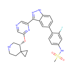 CS(=O)(=O)Nc1ccc(-c2ccc3[nH]nc(-c4cncc(O[C@H]5CNCCC56CC6)n4)c3c2)c(F)c1 ZINC000299869561