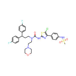 CS(=O)(=O)Nc1ccc(-c2nc(NC(=O)N(CCC(c3ccc(F)cc3)c3ccc(F)cc3)CCN3CCOCC3)sc2Cl)cc1 ZINC000150599798