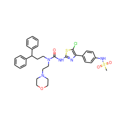 CS(=O)(=O)Nc1ccc(-c2nc(NC(=O)N(CCC(c3ccccc3)c3ccccc3)CCN3CCOCC3)sc2Cl)cc1 ZINC000150599764