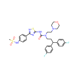 CS(=O)(=O)Nc1ccc(-c2nsc(NC(=O)N(CCC(c3ccc(F)cc3)c3ccc(F)cc3)CCN3CCOCC3)n2)cc1 ZINC000150599813