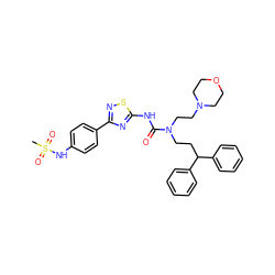 CS(=O)(=O)Nc1ccc(-c2nsc(NC(=O)N(CCC(c3ccccc3)c3ccccc3)CCN3CCOCC3)n2)cc1 ZINC000103253806