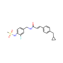 CS(=O)(=O)Nc1ccc(CNC(=O)/C=C/c2ccc(CC3CC3)cc2)cc1F ZINC000040423684