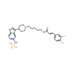 CS(=O)(=O)Nc1ccc2[nH]cc(C3CCN(CCCCCNC(=O)/C=C/c4ccc(Cl)c(Cl)c4)CC3)c2c1 ZINC000029483489