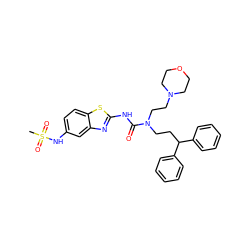 CS(=O)(=O)Nc1ccc2sc(NC(=O)N(CCC(c3ccccc3)c3ccccc3)CCN3CCOCC3)nc2c1 ZINC000096258268