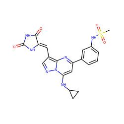 CS(=O)(=O)Nc1cccc(-c2cc(NC3CC3)n3ncc(/C=C4\NC(=O)NC4=O)c3n2)c1 ZINC000117829468