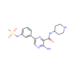 CS(=O)(=O)Nc1cccc(-c2cnc(N)c(C(=O)NC3CCNCC3)n2)c1 ZINC000084635761