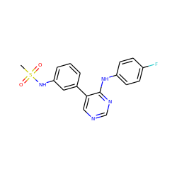 CS(=O)(=O)Nc1cccc(-c2cncnc2Nc2ccc(F)cc2)c1 ZINC000004257380