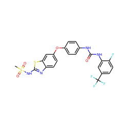 CS(=O)(=O)Nc1nc2ccc(Oc3ccc(NC(=O)Nc4cc(C(F)(F)F)ccc4F)cc3)cc2s1 ZINC000014965615