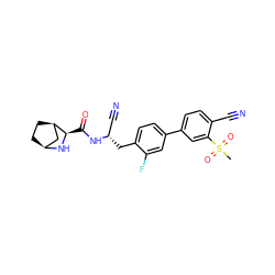 CS(=O)(=O)c1cc(-c2ccc(C[C@@H](C#N)NC(=O)[C@H]3N[C@H]4CC[C@@H]3C4)c(F)c2)ccc1C#N ZINC000219306593