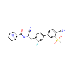 CS(=O)(=O)c1cc(-c2ccc(C[C@@H](C#N)NC(=O)[C@H]3NC4CCC3CC4)c(F)c2)ccc1C#N ZINC000169709111