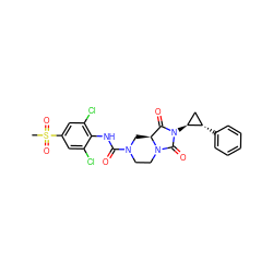 CS(=O)(=O)c1cc(Cl)c(NC(=O)N2CCN3C(=O)N([C@H]4C[C@@H]4c4ccccc4)C(=O)[C@@H]3C2)c(Cl)c1 ZINC000072106541