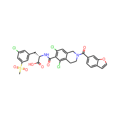 CS(=O)(=O)c1cc(Cl)cc(C[C@H](NC(=O)c2c(Cl)cc3c(c2Cl)CCN(C(=O)c2ccc4ccoc4c2)C3)C(=O)O)c1 ZINC000084654204