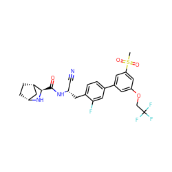 CS(=O)(=O)c1cc(OCC(F)(F)F)cc(-c2ccc(C[C@@H](C#N)NC(=O)[C@H]3N[C@@H]4CC[C@H]3C4)c(F)c2)c1 ZINC000219322399