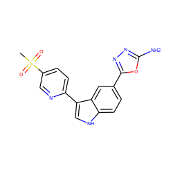 CS(=O)(=O)c1ccc(-c2c[nH]c3ccc(-c4nnc(N)o4)cc23)nc1 ZINC000145398035