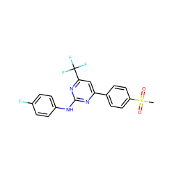 CS(=O)(=O)c1ccc(-c2cc(C(F)(F)F)nc(Nc3ccc(F)cc3)n2)cc1 ZINC000043120313