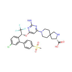 CS(=O)(=O)c1ccc(-c2cc(Cl)ccc2[C@@H](Oc2cc(N3CCC4(CC3)CN[C@H](C(=O)O)C4)nc(N)n2)C(F)(F)F)cc1 ZINC001772623636