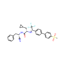 CS(=O)(=O)c1ccc(-c2ccc([C@H](N[C@@H](CC3CC3)C(=O)N[C@H](C#N)Cc3ccccc3)C(F)(F)F)cc2)cc1 ZINC000064559273