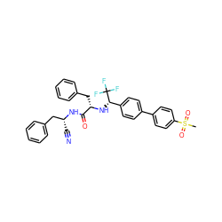 CS(=O)(=O)c1ccc(-c2ccc([C@H](N[C@@H](Cc3ccccc3)C(=O)N[C@H](C#N)Cc3ccccc3)C(F)(F)F)cc2)cc1 ZINC000064549564