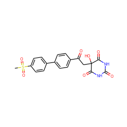 CS(=O)(=O)c1ccc(-c2ccc(C(=O)CC3(O)C(=O)NC(=O)NC3=O)cc2)cc1 ZINC000095576595