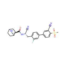 CS(=O)(=O)c1ccc(-c2ccc(C[C@@H](C#N)NC(=O)[C@@H]3NC4CCC3CC4)c(F)c2)cc1C#N ZINC000169709133