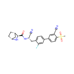 CS(=O)(=O)c1ccc(-c2ccc(C[C@@H](C#N)NC(=O)[C@H]3N[C@@H]4CC[C@H]3C4)c(F)c2)cc1C#N ZINC000219298287